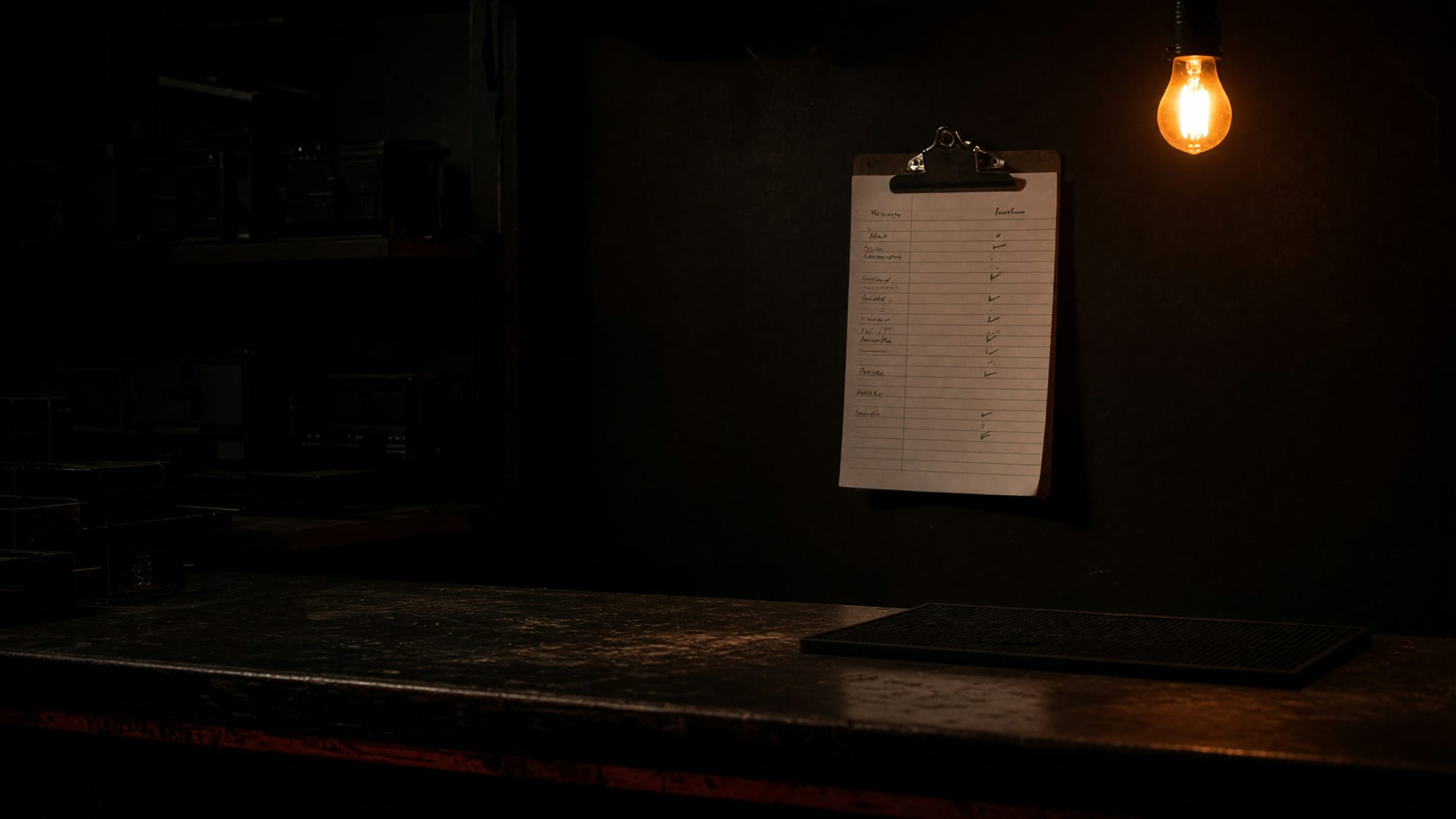 A venue booking sheet on a clipboard behind a bar, most weekday rows blank