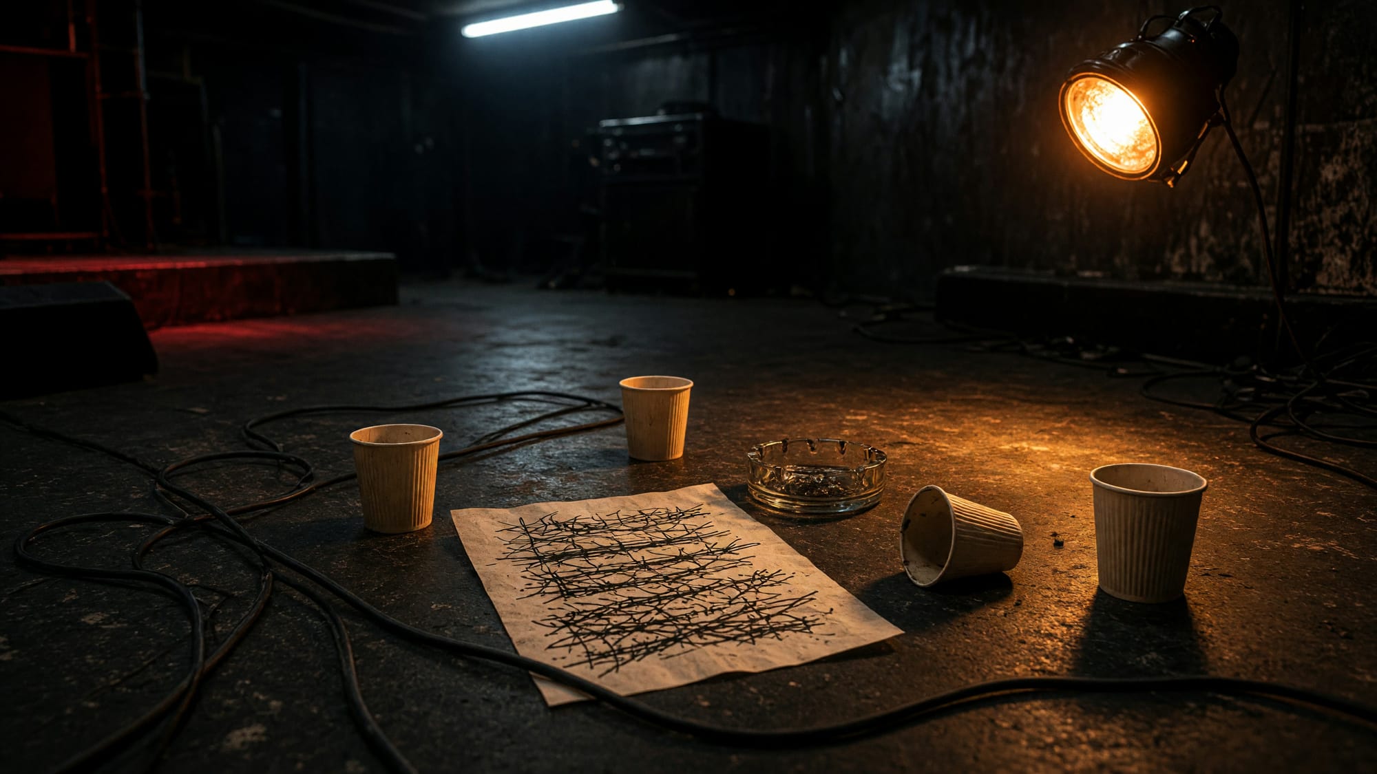 Paper cups, an ashtray and a marked-up sheet on a rehearsal room floor