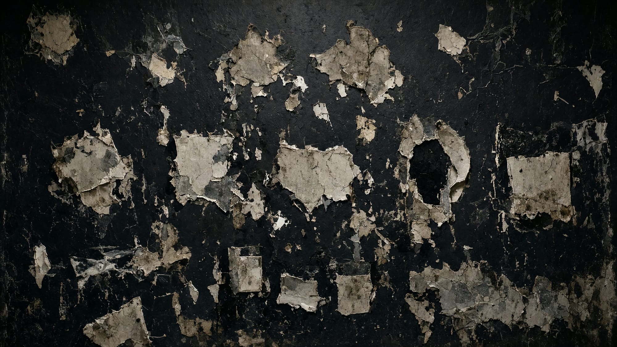A stripped venue wall showing nineteen years of paste ghosts and torn poster corners