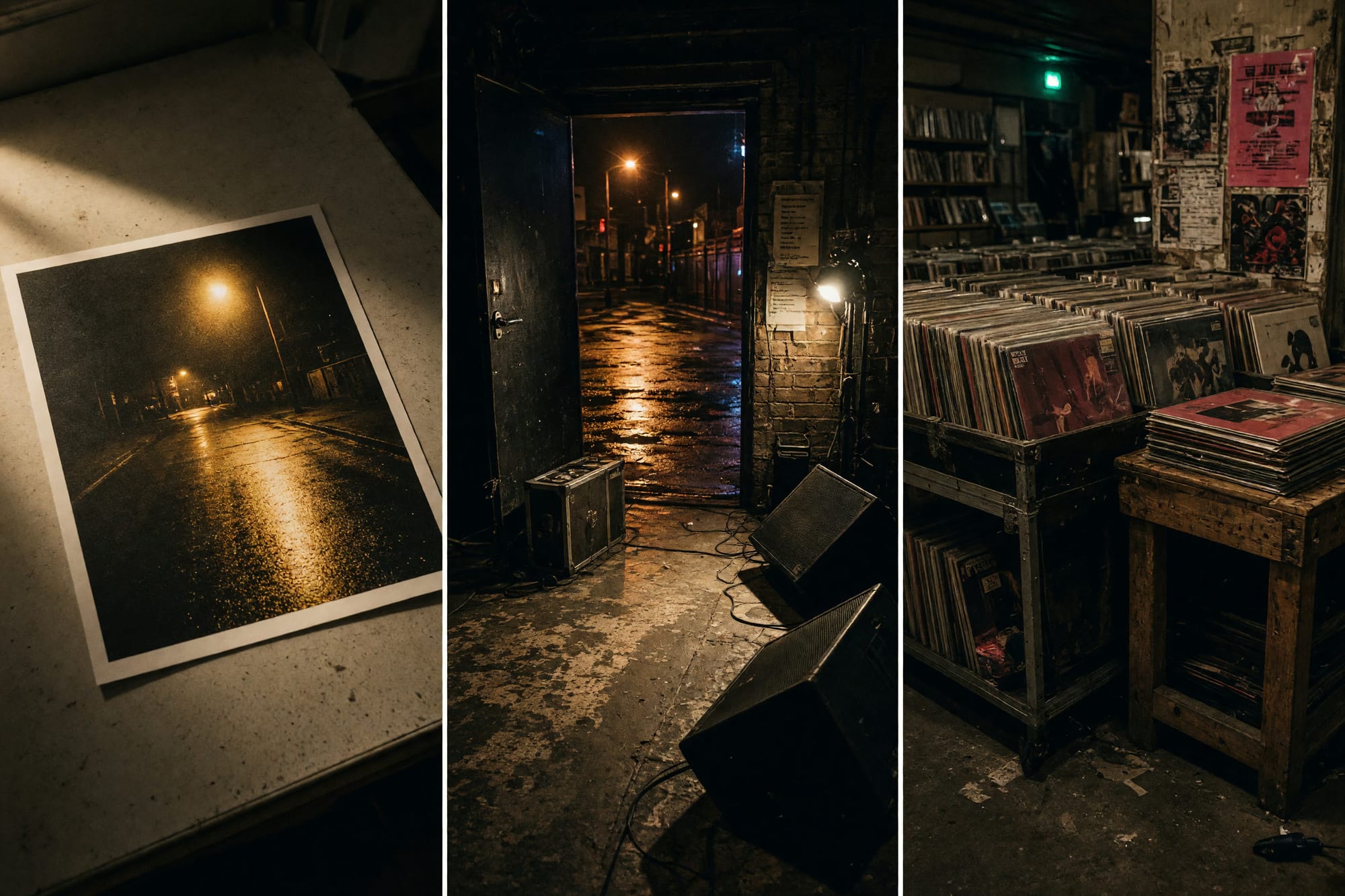 The source photograph as a print on a desk: a wet road under a sodium lamp, pushed to heavy grain