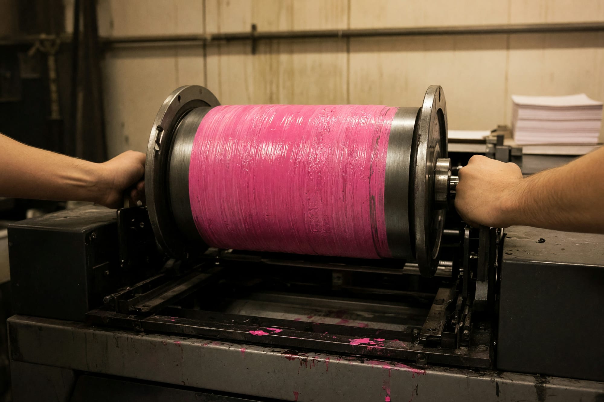 An ink drum being lifted out of a risograph, pink ink on the roller
