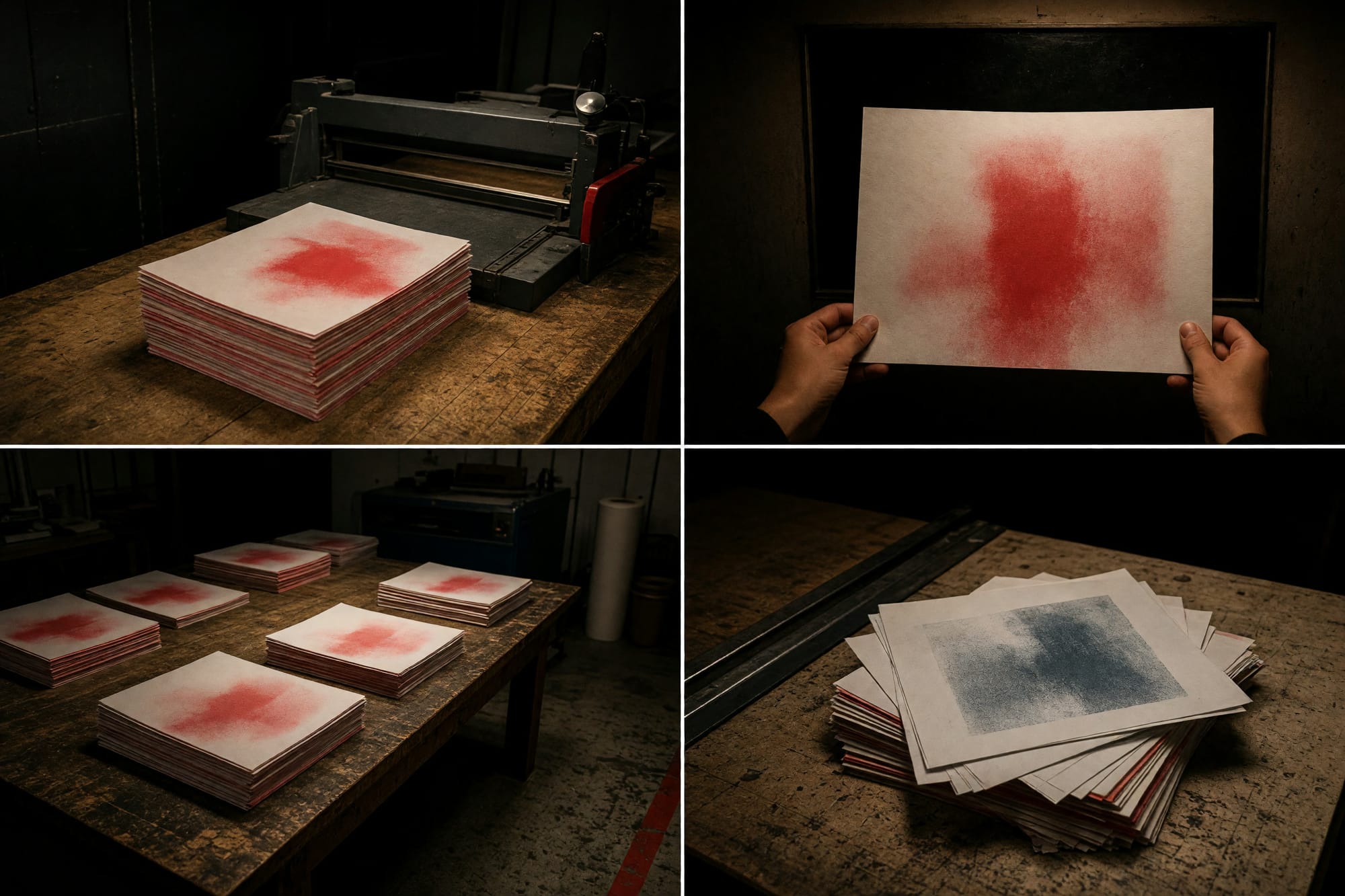 Finished sheets stacked on a bench beside a guillotine