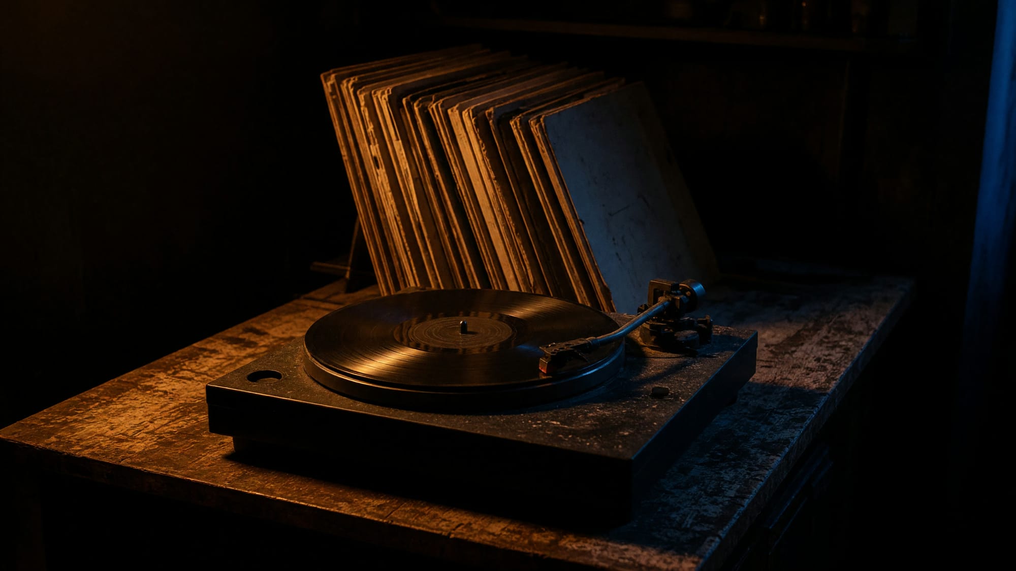 A turntable and a leaning stack of sleeves on a scuffed desk in a dark room